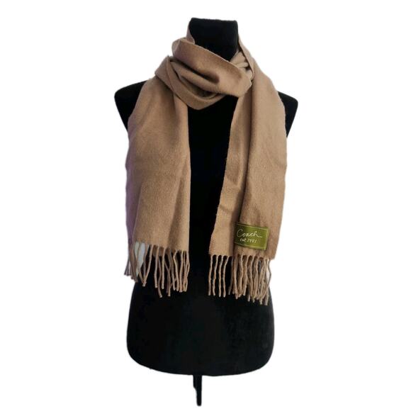 Coach Unisex Camel Cashmere Wool Scarf With Fringe 64" × 10" Euc - Picture 1 of 5